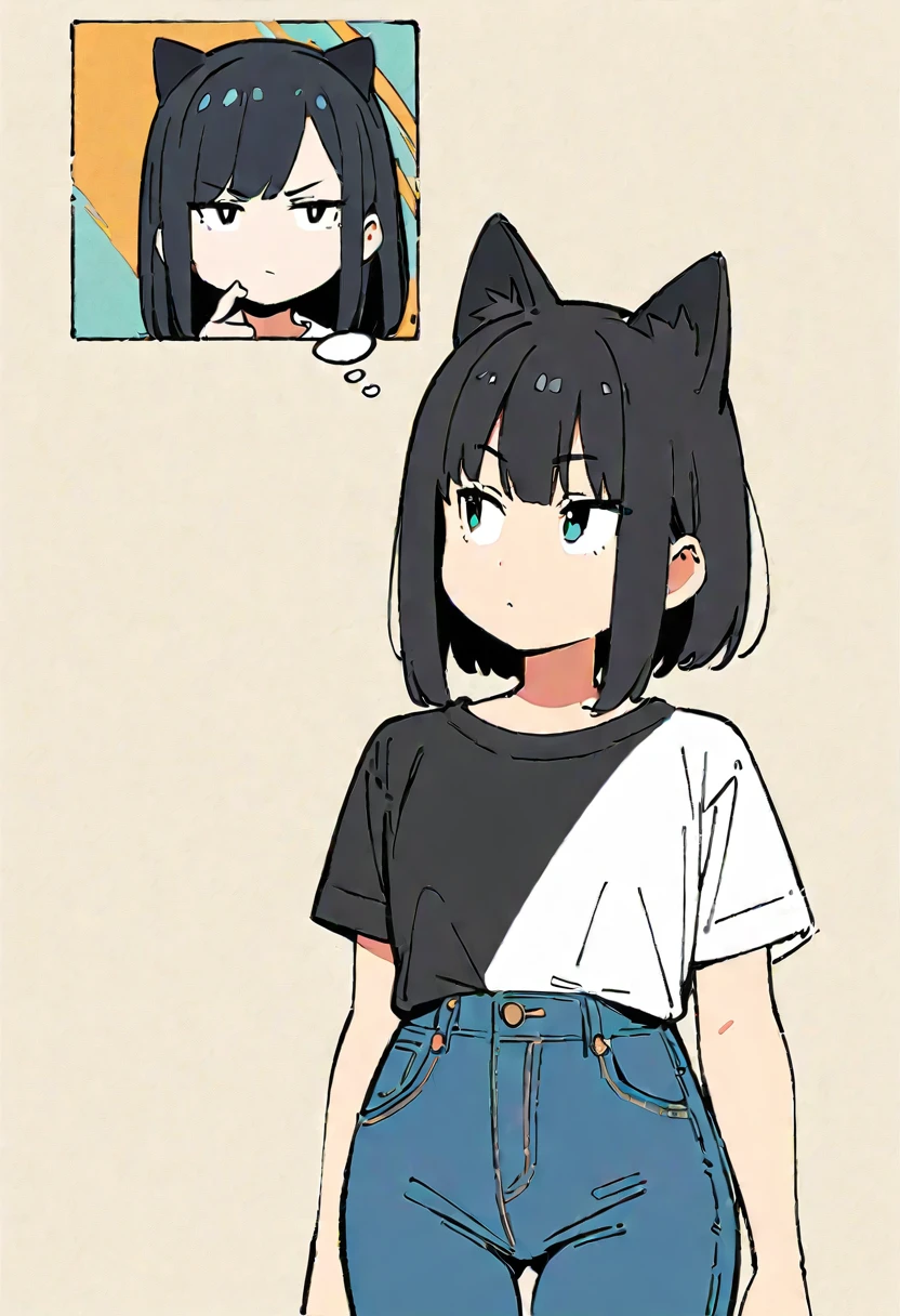 (Thick painting style),Thick line drawing, ((masterpiece,)),(((Highest quality))),(sketch),((Adult women in their 20s)),Short black hair,Black cat ears,T-Shirts,jeans,(((Thinking face,Character Portrait,Full Art))),((flat chest)),Dynamic pose