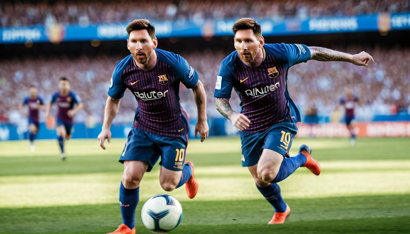 photorealistic 8k professional high quality image, detailed face, detailed eyes, Lionel Messi kicking football, Lionel Messi running towards goal, blur background, football field, green grass, white lines, crowd of people in stadium, blue sky, sunlight, motion blur, dynamic action pose