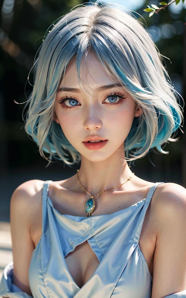 Furina from Genshin Impact) 18 years old, (Raw photo, Best Quality), (Realistic, Photorealsitic:1.3), masterpiece, Extremely delicate and beautiful, Soft light, (blue and white hair, Shoulder-length straight hair swaying in the wind), Beautiful detailed girl, (Detailed fingers), extremely detailed eye and face, beautiful detailed nose, Beautiful detailed eyes, 1 girl, Japanese, Neat and clean beauty, Cute, young, (medium breasts), Realistic face, Realistic body, cute smile