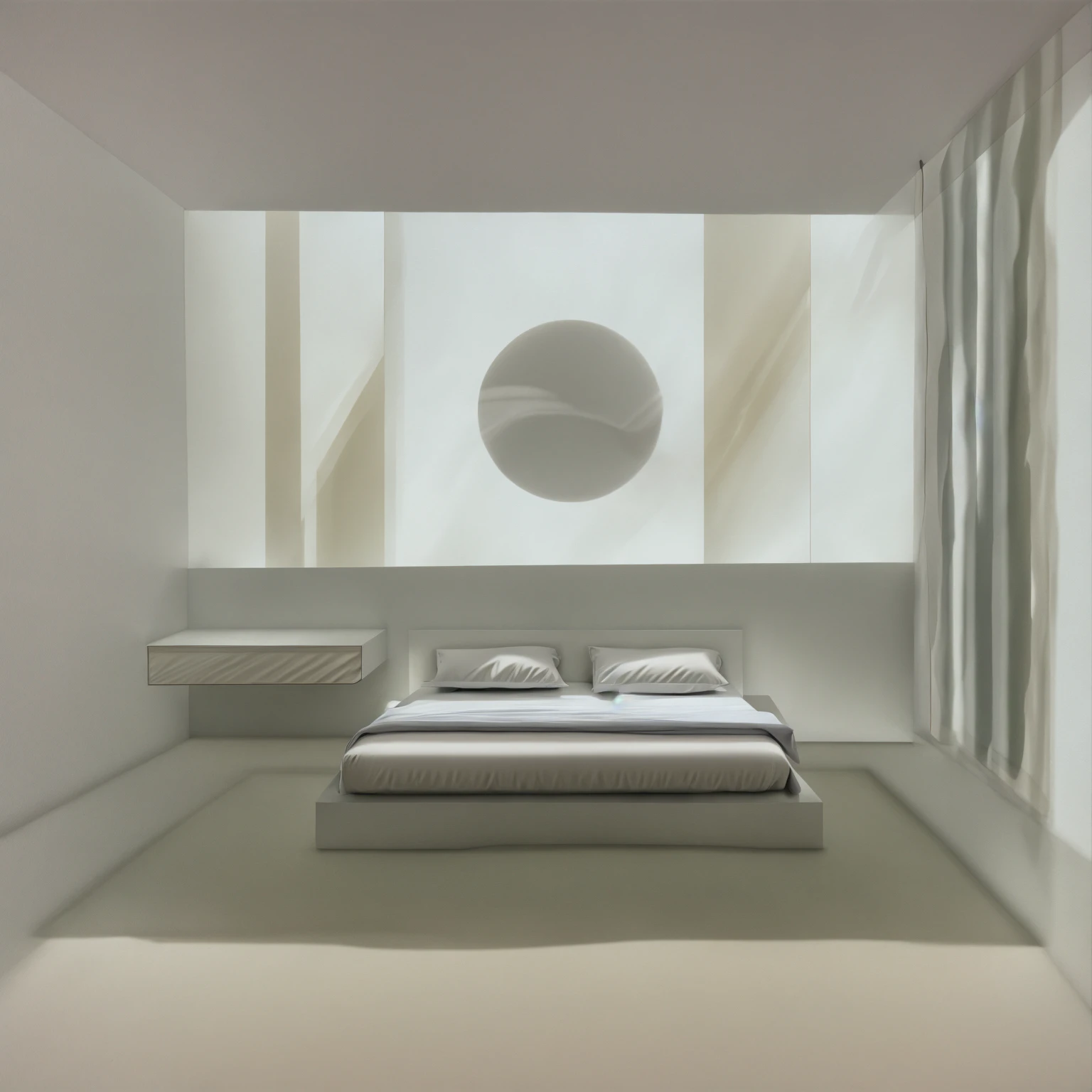 1 bedroom, modern style, 1 bed, white wall, marble floor, 1 dressing table, 1 bức tranh trang trí hình tròn:1.2, 1 white fur rug:1.3, daylight