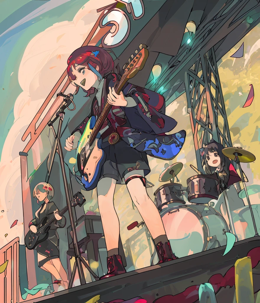 4k masterpiece,Guitar,music festival,Musical Instruments,girl,drum,band,afternoon,breeze,girl,Sing