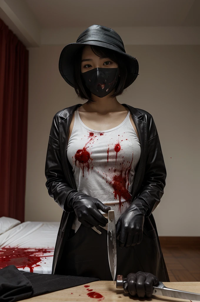 korean girl, (behind corpse, blood splatter), surgical mask, holding knife, stabbing, black raincoat, leather gloves, trucker hat, room full of blood, short hair, holding knife, leather gloves, behind corpse, night, mass murderer, robbery, in the hotel,