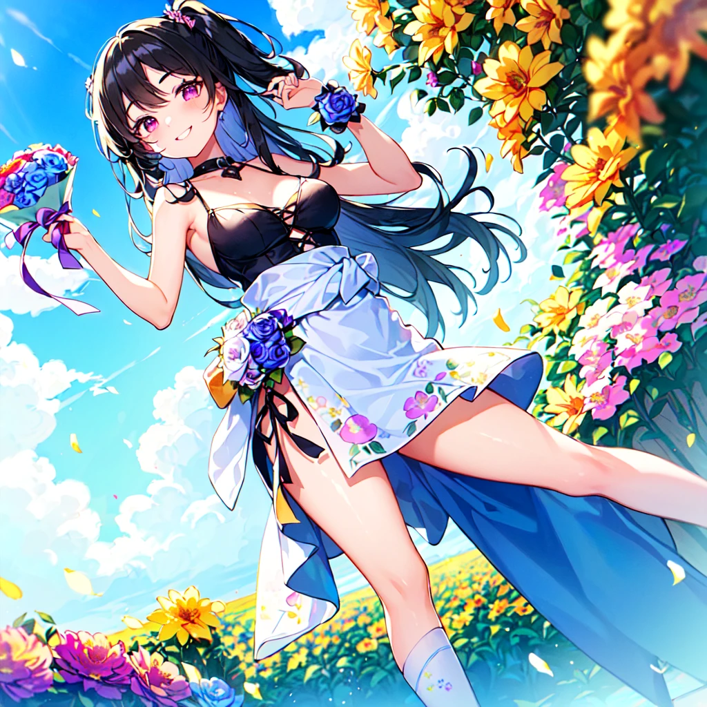 masterpiece, best quality, high quality, extremely detailed, very delicate and beautiful, (1 female 18 years old solo:1.5), (long black hair up to waist with two side up:1.4), bangs to eyebrows, eyes (eyes sharp, strong, glossy, glossy eyebrows), (eye color magenta: 1.3), 6.5 head height, (summer flower print fashion: 1.3), knee socks, ruffles, lace, (smiling), (holding a bouquet of summer flowers: 1.3), (dynamic pose), (background summer colorful flower field: 1.3), (Blue Sky: 1.3)