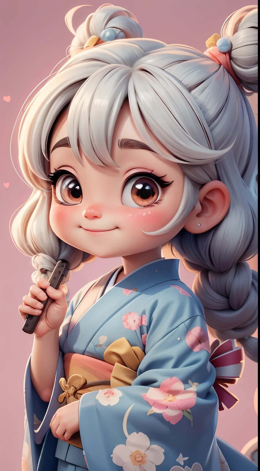 Create a loli baby chibi version of the Alice character in an 8K resolution. A girl with a bun hairstyle is practicing calligraphy in a traditional Japanese house, wearing a crane-patterned kimono and a hair accessory, It's sunny, Detailed eyes, clear outlines, kawaii pose, A smile, Raise your right hand, Eye Up, Laugh, radiant light, Taken from the side. She should look adorable and cute. Give him a smiling expression and a sweet smile on his face, capturing the essence of the character in a delicate and charming way.