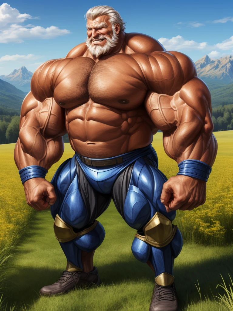 huge muscular old man in meadow, wearing armor, battle fields, white and short hair, white beard, old, old man, grandpa, (huge muscular), detailed muscles, 8k, masterpiece:1.2, hyper realistic, highly detailed full body, ((really big muscle, massive muscular, sixpack, thick arms, wide pectoral, super huge muscle, hyper muscular, over sized muscle, huge arms, big arms, huge pectoral)), natural lighting wrinkled skin, happy expression