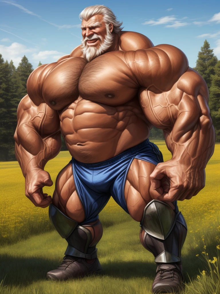huge muscular old man in meadow, wearing armor, battle fields, white and short hair, white beard, old, old man, grandpa, (huge muscular), detailed muscles, 8k, masterpiece:1.2, hyper realistic, highly detailed full body, ((really big muscle, massive muscular, sixpack, thick arms, wide pectoral, super huge muscle, hyper muscular, over sized muscle, huge arms, big arms, huge pectoral)), natural lighting wrinkled skin, happy expression