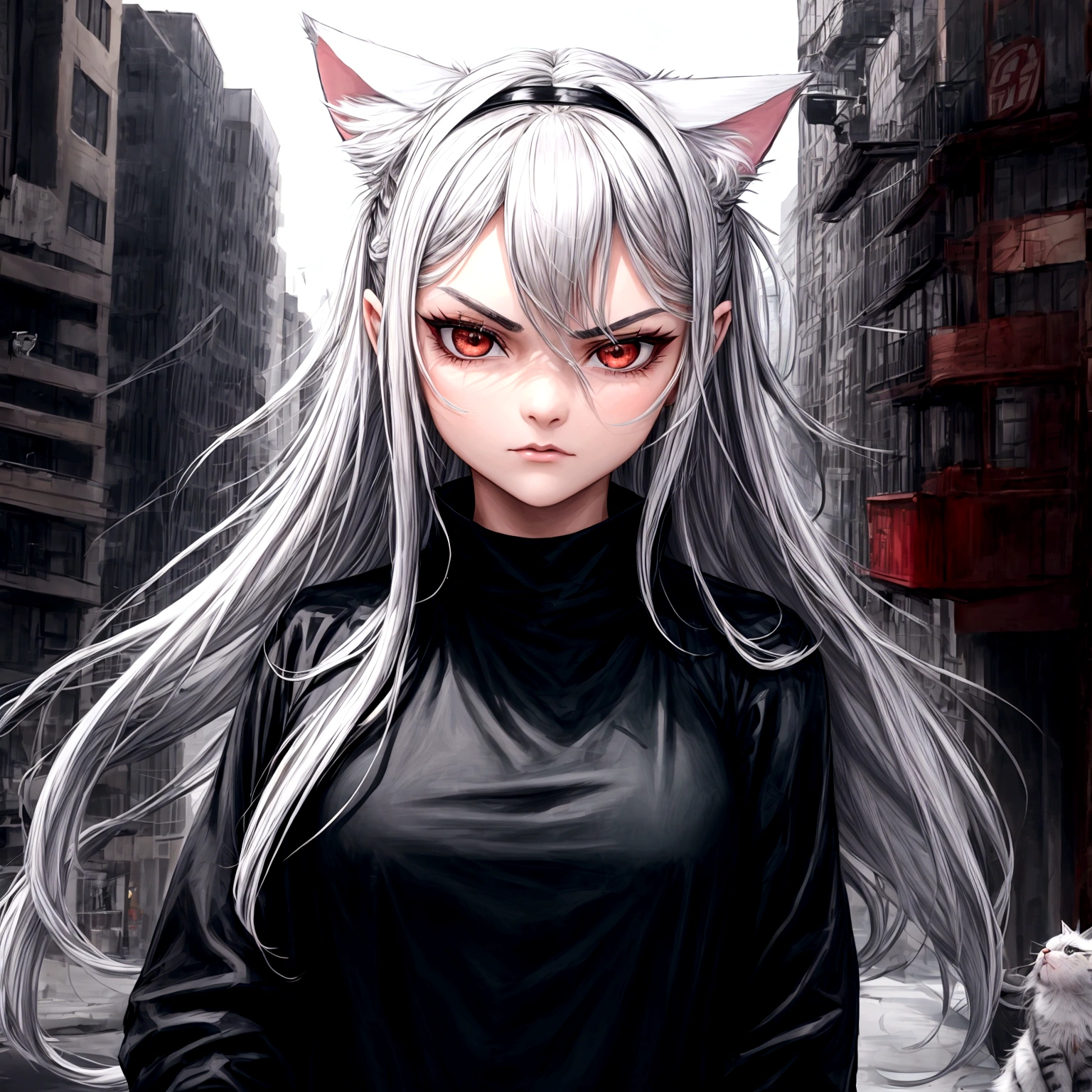 1 girl, beautiful face, cool, intimidation, black eye, long hair, gray hair, cat ear, black jacket, red t-shirt, city, town, nature