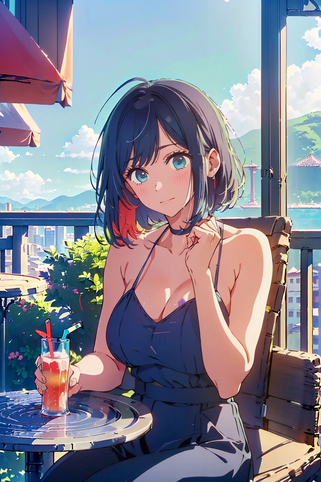 (Highest quality:1.4、masterpiece:1.4、超detailed:1.4、Ultra-high resolution:1.4、Absurd:1.4、Absolute Resolution:1.4、8K:1.4、detailed:1.4)、Slim body、((((1 person、sit、Happy expression、Chair、In the background are the urban buildings of Tokyo、looking at the camera、Outdoor café terrace、Navy hair color、juice、table、Very cute face))))、((((nude、very beautiful areola、valley))))、(Pose with hands tucked behind ears:1.4、Cheek resting on hand:1.4)、(bikini:1.1)、Very blue sky、A completely cloudless sky