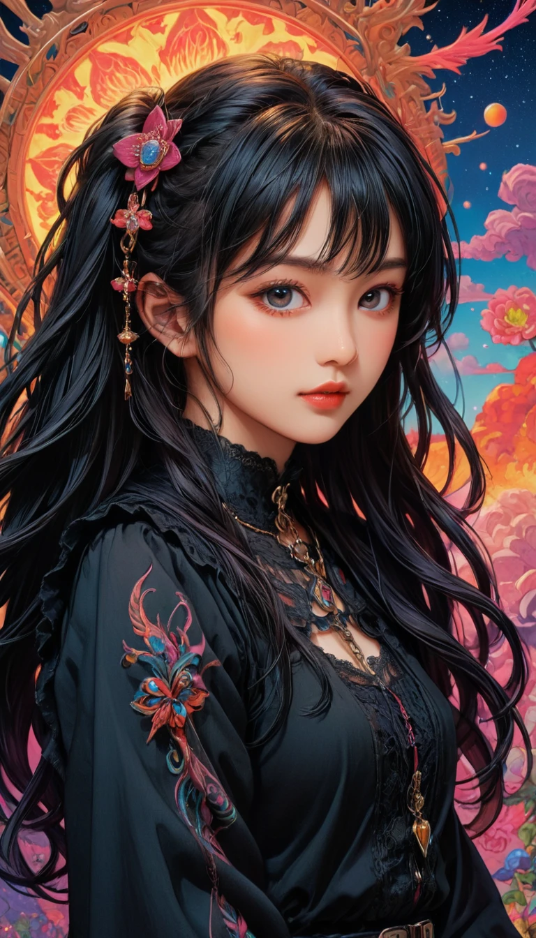 renaissance style anime artwork Suehiro Maruo, (80s style:0.65) (hand drawn, anime:1.2) (girl:0.8) , analogue vhs distortion, intricately detailed linework, vibrant colors, Hispanicore, Hisui Sugiura, Goth Art, Concept art, A Japanese artist showcasing his unique style in a hand-drawn illustration. The artwork features a girl with striking details and vibrant colors, reminiscent of an analogue VHS tape with distortion effects. The artist's signature intricate linework is evident throughout the piece, highlighting its complexity and attention to detail. This captivating artwork belongs to the Goth Art genre and bears the mark of Hisui Sugiura, one of the most celebrated artists in the Hispanicore movement. With assistance from Concept Art Assistant Suehiro Maruo, this masterpiece stands out for its original . anime style, key visual, vibrant, studio anime, highly detailed . realistic, perspective, light and shadow, religious or mythological themes, highly detailed