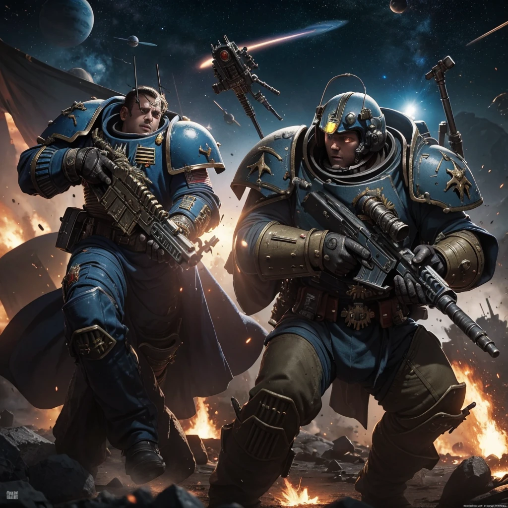 Warhammer 40k,space marine,battle,battlefield,big gun,shooting,fighting, soldiers,science fiction,grindark,planets,saturn,atmosphere,blue sky