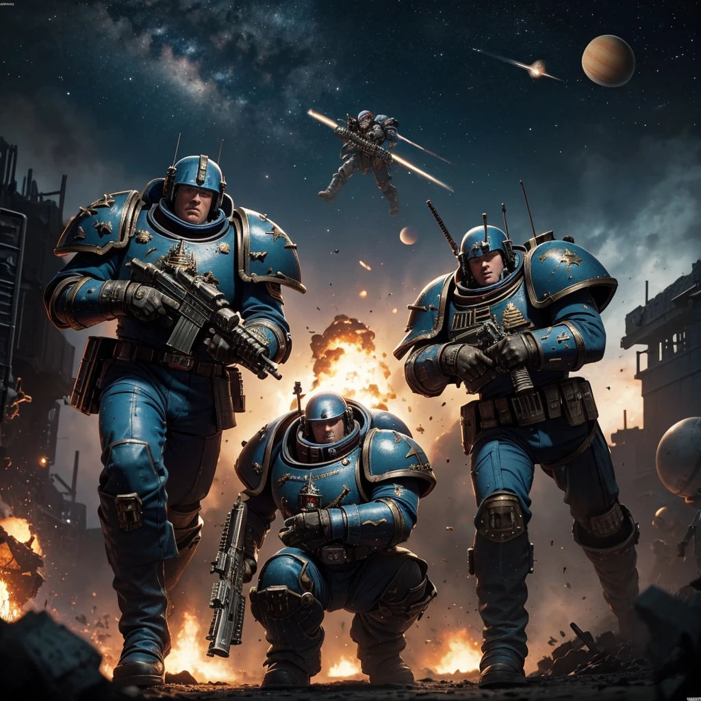 Warhammer 40k,space marine,battle,battlefield,big gun,shooting,fighting, soldiers,science fiction,grindark,planets,saturn,atmosphere,blue sky