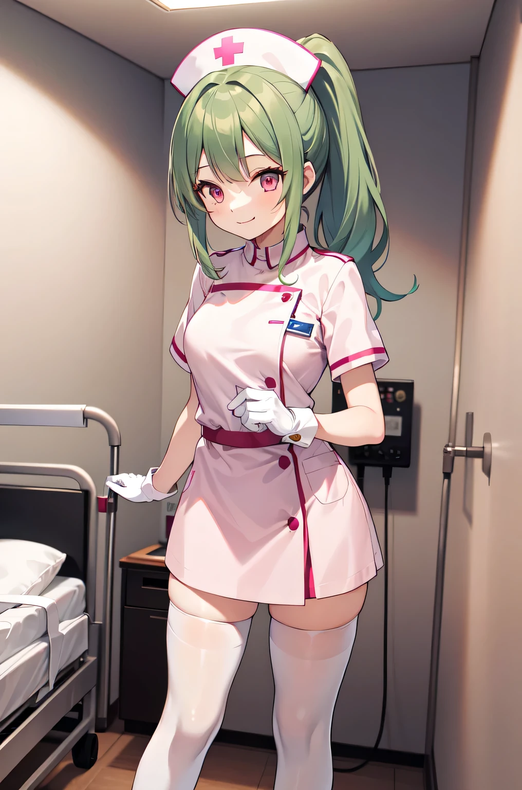 1girl, solo, nurse, nurse cap, white nurse uniform, ((white legwear, zettai ryouiki)), white gloves, ponytail, green hair, pink eyes, smile, standing, ((hospital room)), sharp outline, short sleeves, best quality, masterpiece