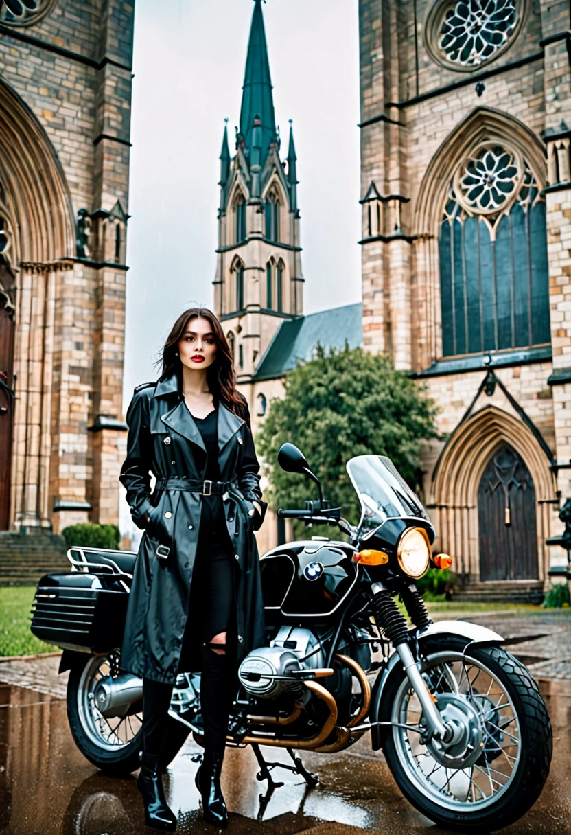 A beautiful woman in a black trench coat stands in front of an old BMW motorbike in the drizzle、In front of a Gothic church、