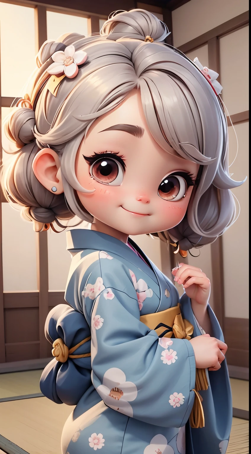 Create a baby chibi version of the Alice character in an 8K resolution. A girl with a bun hairstyle is practicing calligraphy in a traditional Japanese house, wearing a crane-patterned kimono and a hair accessory, It's sunny, Detailed eyes, clear outlines, kawaii pose, A smile, Raise your right hand, Eye Up, Laugh, radiant light, Taken from the side. She should look adorable and cute. Give him a smiling expression and a sweet smile on his face, capturing the essence of the character in a delicate and charming way.