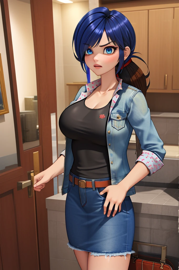 (8k, RAW photo, best quality, masterpiece:1.2), (intricate details), perfect eyes, perfect face, perfect lighting, beautiful, (masterpiece:1.2), (best quality:1.2), 1girl, solo, marinette, blue hair, (( hair in ponytail, bangs over one eye )), adult torso, 19 years old, angry, huge sized breasts, (tank top, denim jacket, red skirt), cowboy shot, 3DMM, standing, front view,