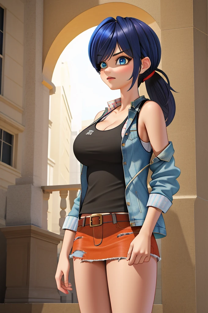 (8k, RAW photo, best quality, masterpiece:1.2), (intricate details), perfect eyes, perfect face, perfect lighting, beautiful, (masterpiece:1.2), (best quality:1.2), 1girl, solo, marinette, blue hair, (( hair in ponytail, bangs over one eye )), adult torso, 19 years old, angry, huge sized breasts, (tank top, denim jacket, red skirt), cowboy shot, 3DMM, standing, front view, 