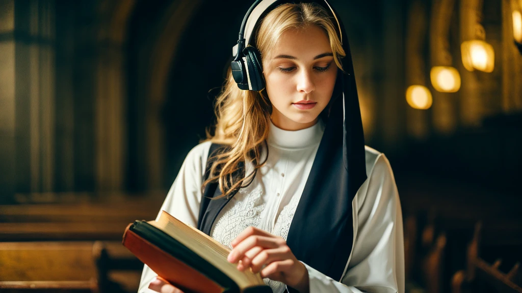 Beautiful blonde with big breasts dressed as a nun (Holding a book in a dark church),Wearing headphones,Very detailed, 21 years old, Innocent face, Naturally Wavy Hair, blue eyes, High resolution, masterpiece, Highest quality, Intricate details, Very detailed, Clear focus, Delicate skin, practical skin texture, texture, Delicate eyes, Professional, 4K, Sad crying face, Shot with Canon, 85mm, Shallow and deep,  Kodak Vision Color, Exactly, Very detailed, photograph_\(Extremist\), photographpractical, practical, Post-processing, Maximum details, Roughness, Real Life, Extremist practical, Photorealism, photographgraphy, 8K Ultra HD, photographgraphy