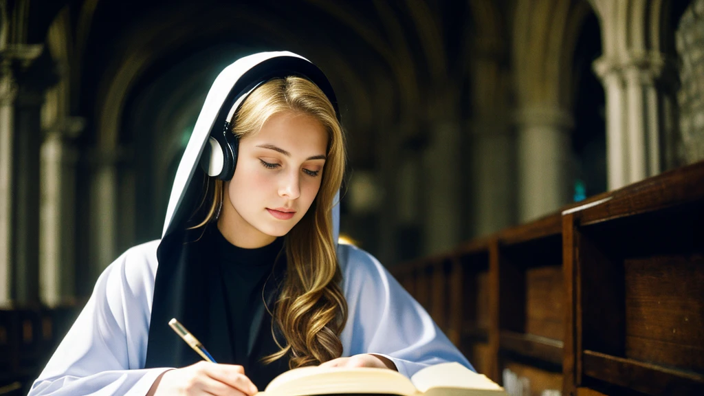 Beautiful blonde with big breasts dressed as a nun (Holding a book in a dark church),Wearing headphones,Very detailed, 21 years old, Innocent face, Naturally Wavy Hair, blue eyes, High resolution, masterpiece, Highest quality, Intricate details, Very detailed, Clear focus, Delicate skin, practical skin texture, texture, Delicate eyes, Professional, 4K, Sad crying face, Shot with Canon, 85mm, Shallow and deep, Kodak Vision Color, Exactly, Very detailed, photograph_\(Extremist\), photographpractical, practical, Post-processing, Maximum details, Roughness, Real Life, Extremist practical, Photorealism, photographgraphy, 8K Ultra HD, photographgraphy