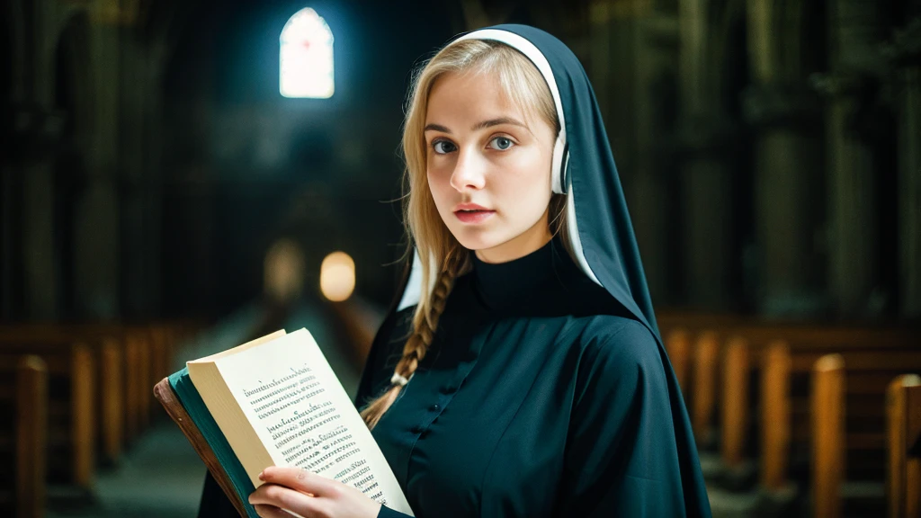 Beautiful blonde with big breasts dressed as a nun (Holding a book in a dark church),Wearing headphones,Very detailed, 21 years old, Innocent face, Naturally Wavy Hair, blue eyes, High resolution, masterpiece, Highest quality, Intricate details, Very detailed, Clear focus, Delicate skin, practical skin texture, texture, Delicate eyes, Professional, 4K, Sad crying face, Shot with Canon, 85mm, Shallow and deep,  Kodak Vision Color, Exactly, Very detailed, photograph_\(Extremist\), photographpractical, practical, Post-processing, Maximum details, Roughness, Real Life, Extremist practical, Photorealism, photographgraphy, 8K Ultra HD, photographgraphy