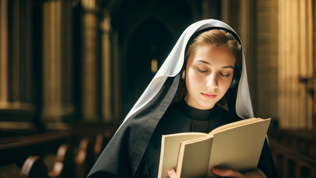 Beautiful blonde with big breasts dressed as a nun (Holding a book in a dark church),Wearing headphones,Very detailed, 21 years old, Innocent face, Naturally Wavy Hair, blue eyes, High resolution, masterpiece, Highest quality, Intricate details, Very detailed, Clear focus, Delicate skin, practical skin texture, texture, Delicate eyes, Professional, 4K, Sad crying face, Shot with Canon, 85mm, Shallow and deep, Kodak Vision Color, Exactly, Very detailed, photograph_\(Extremist\), photographpractical, practical, Post-processing, Maximum details, Roughness, Real Life, Extremist practical, Photorealism, photographgraphy, 8K Ultra HD, photographgraphy