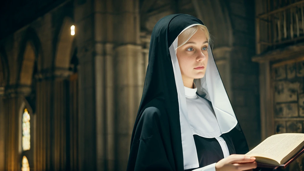 Beautiful blonde with big breasts dressed as a nun (Holding a book in a dark church),Wearing headphones,Very detailed, 21 years old, Innocent face, Naturally Wavy Hair, blue eyes, High resolution, masterpiece, Highest quality, Intricate details, Very detailed, Clear focus, Delicate skin, practical skin texture, texture, Delicate eyes, Professional, 4K, Sad crying face, Shot with Canon, 85mm, Shallow and deep, Kodak Vision Color, Exactly, Very detailed, photograph_\(Extremist\), photographpractical, practical, Post-processing, Maximum details, Roughness, Real Life, Extremist practical, Photorealism, photographgraphy, 8K Ultra HD, photographgraphy