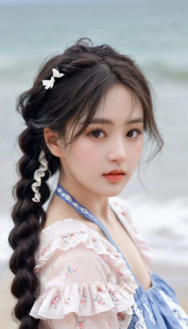 best quality, Super No, Reality, Photography of a beautiful woman, 30 years old teenage years, Delicate face, Black messy fishtail braid, (Delicate porcelain doll,Elaborate clothing with lots of ruffles and ribbons), beach, (Close-up of face), Attractive appearance, Looking at the audience