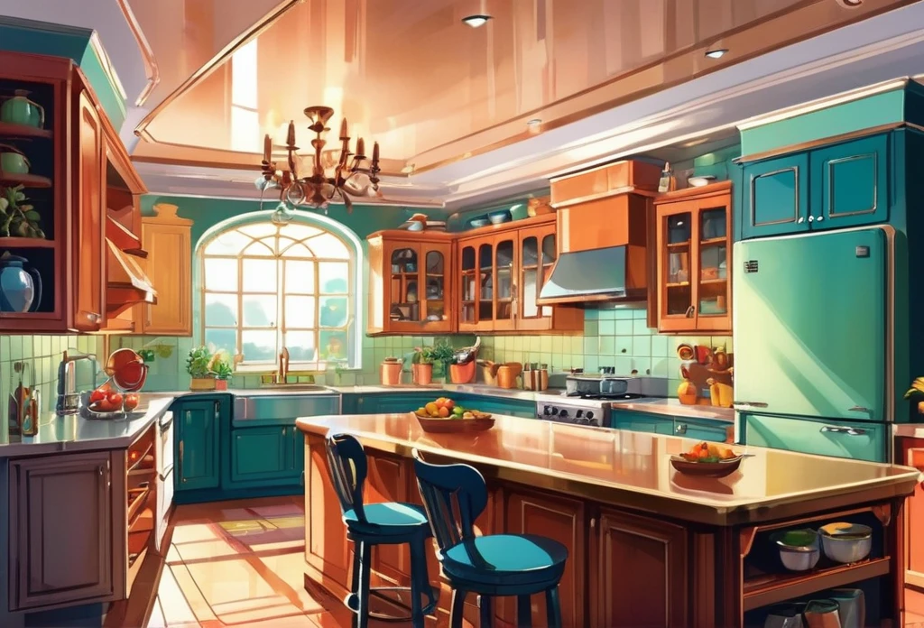 A beautiful kitchen, big, spaceus, modern, (masterpiece best quality:1.2) delicate illustration ultra-detailed, (disney-related event) indoor, detailed background, illustrations, bright, colourful,