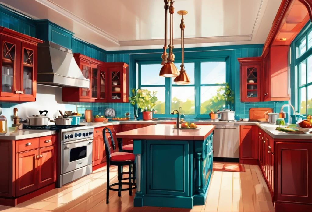 A beautiful kitchen, big, spaceus, modern, (masterpiece best quality:1.2) delicate illustration ultra-detailed, (disney-related event) indoor, detailed background, illustrations, bright, colourful,