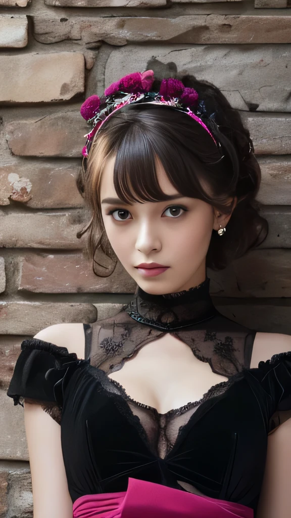 (best quality, Very detailed, masterpiece:1.2), ((2 women,Face it,Put your butt towards the camera)), Very thin body, length, Thin legs, ((Black wavy short hair)), ((Thick shaggy bangs)), Very detailedな顔,A faint smile, small, Thin nose, small thin mouth, Extremely sharp eyes, Japanese, Pretty Face, Realistic eyes, Pretty and beautiful eyes, Realistic skin, Beautiful skin, charm, (Vivid faces), Beautiful hairstyle,((Victorian style black and pink dress)), gothic design, Accessories include leather goods and studs..., Chain stores are important, Creepy and unique hairstyle, high resolution, vibrant color palette, Mysterious and eerie stone wall, Great place, Tim Burton'Signature dark shadows and odd details, background, backward,Filming angle below,I can see your pants、Filming
