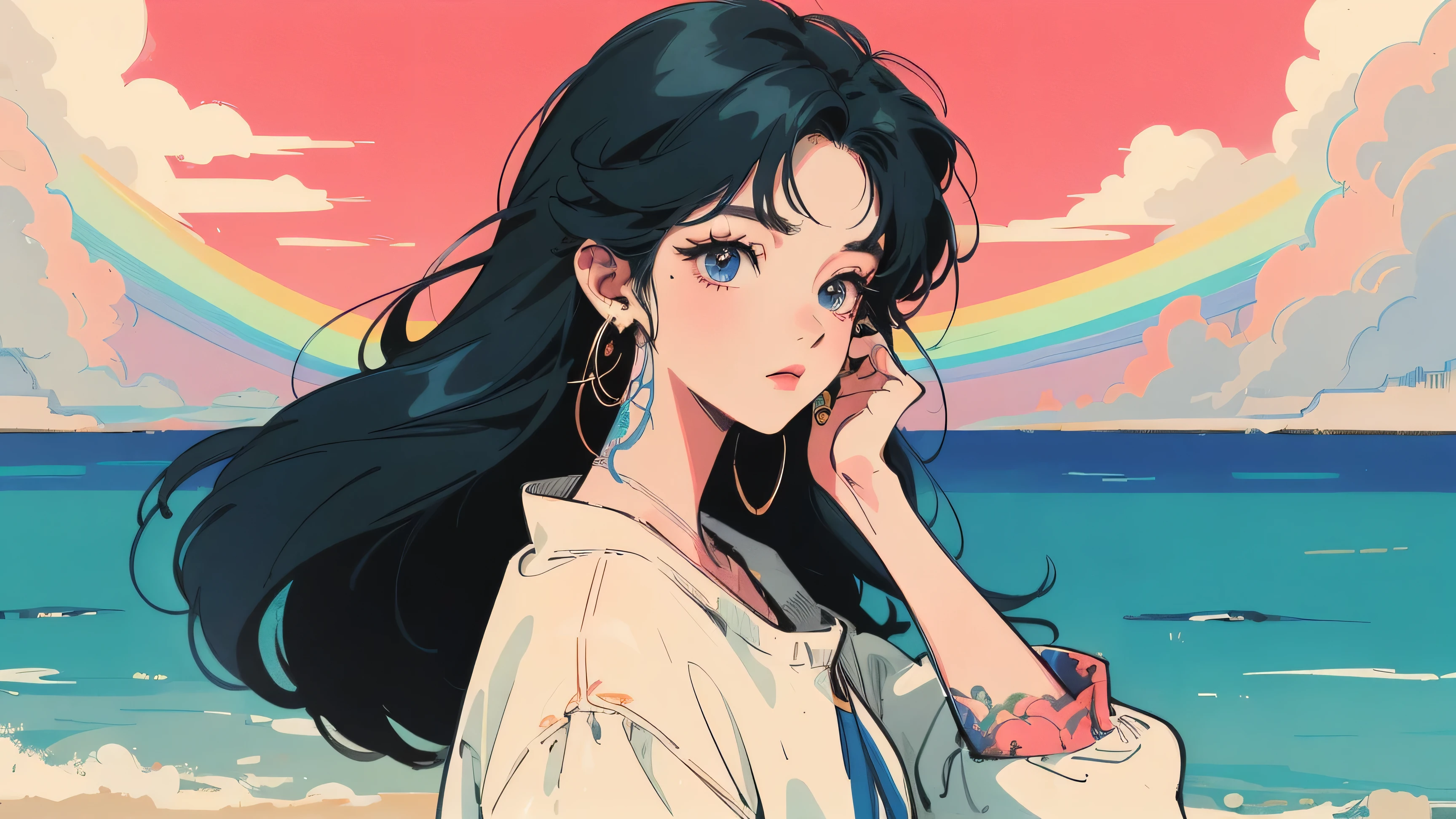 masterpiece, Highest quality, Rainbow Style, anime, Beautiful Asian Girl, K-Pop aesthetics and style, tattoo, 80s American hippie style, Along the Hawaiian Coast, Cute and dreamy,anime,Illustrator,LOFI Girl,