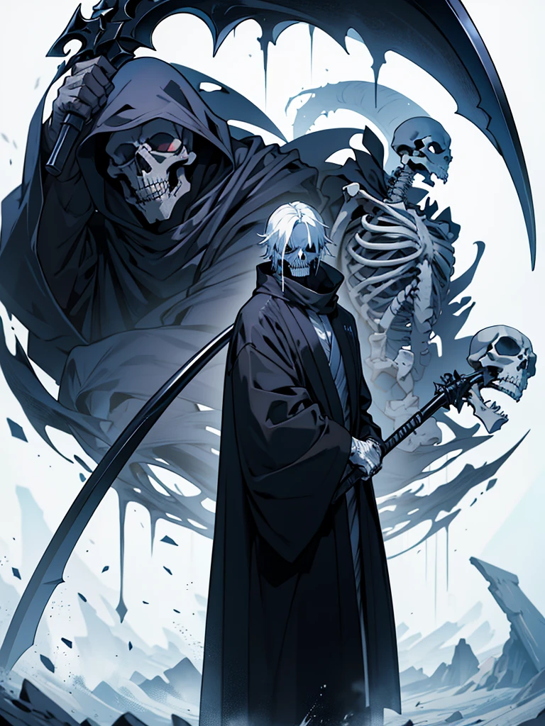 Grim Reaper with a skeleton body、Big black scythe、black tattered robe、Floating、White background、There are many blue souls flying around、Horror、scared、curse、Single、That's horrible