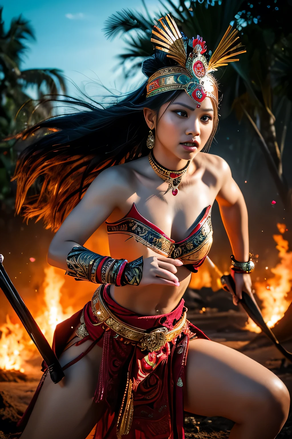 (best quality,4k,8k,highres,masterpiece:1.2),ultra-detailed,realistic,beautiful Indonesian woman warrior,expressive eyes,painted face,detailed warrior attire,intricate headdress,golden jewelry,dazzling sword,speaking power and strength,ancient traditions and culture,passionate and fearless fighter,commanding presence in the battlefield,mythical and mystical elements,rich colors of the Indonesian landscape,dramatic lighting,traditional Indonesian motifs,traditional weapons and armor,tribal markings on the body,graceful movements,warrior surrounded by lush tropical forest and exotic animals,embodying the spirit of the Indonesian warrior legends