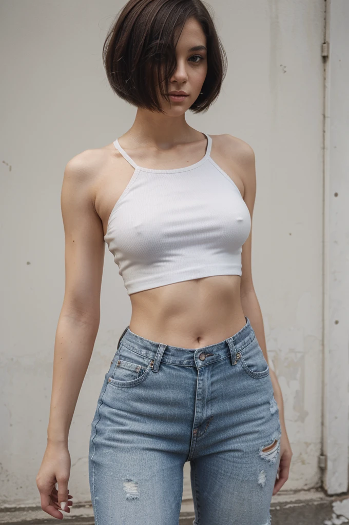 one woman, bob cut, short hair, white  crop top, short jeans, black pantyhose