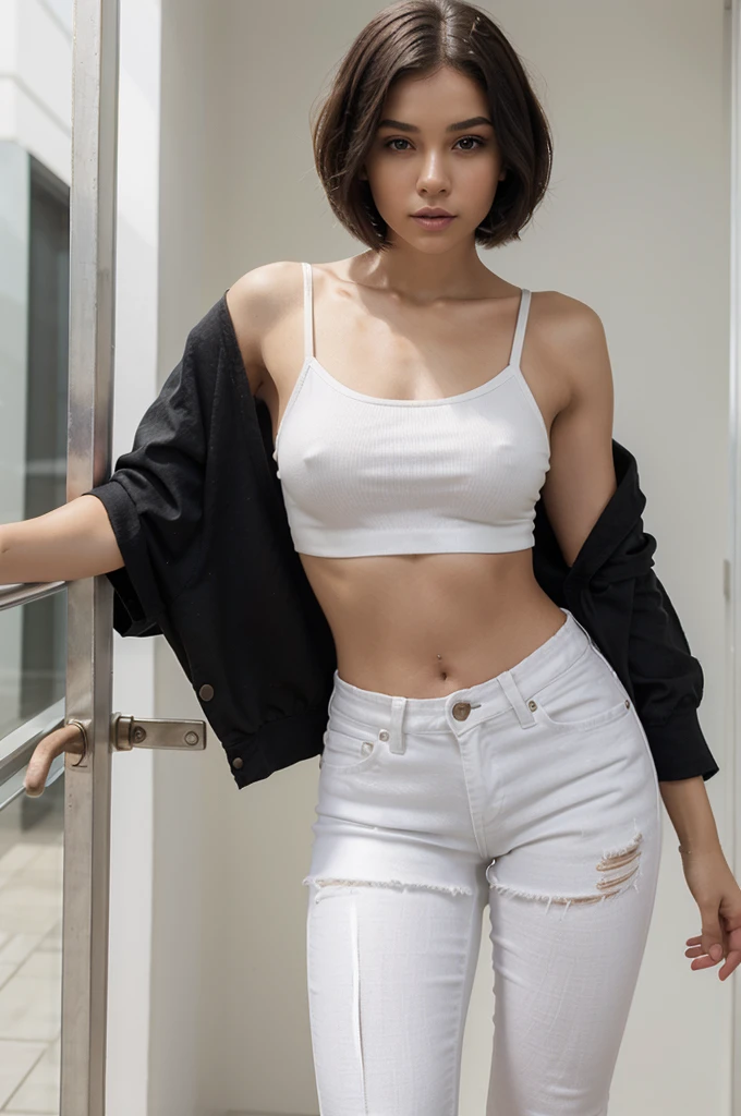 one woman, bob cut, short hair, white  crop top, short jeans, black pantyhose