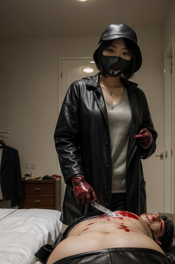 korean girl, (behind ??????, blood splatter), surgical mask, holding knife, stabbing, black raincoat, leather gloves, trucker hat, room ?????????????, short hair, holding knife, leather gloves, behind ??????, night, mass murderer, robbery, in the hotel,

