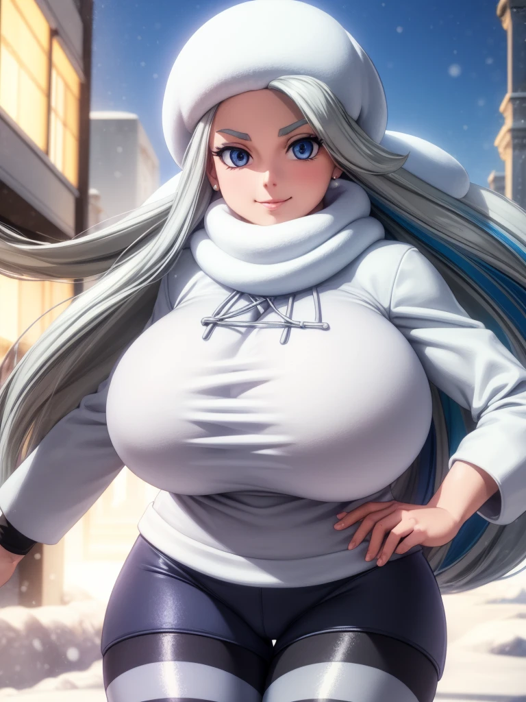 Pokemon Melony, Pokemon Melony, blue eyes, eyelash, Long Hair, Multicolored Hair, Striped Hair, Grey Hair, (Very large saggy breasts:1.2), Open your mouth, smile,
break earrings, gloves, Have, jewelry, Long sleeve, pantyhose, pantyhose under Shorts, scarf, Shorts, 片手gloves, snowflakes, sweater, White Hat, white scarf, white sweater,
break outdoors, city, snow,
break looking at viewer, (Cowboy Shot:1.5),
break (masterpiece:1.2), Highest quality, High resolution, unity 8k wallpaper, (figure:0.8), (Beautiful attention to detail:1.6), Highly detailed face, Perfect lighting, Highly detailed CG, (Perfect hands, Perfect Anatomy),