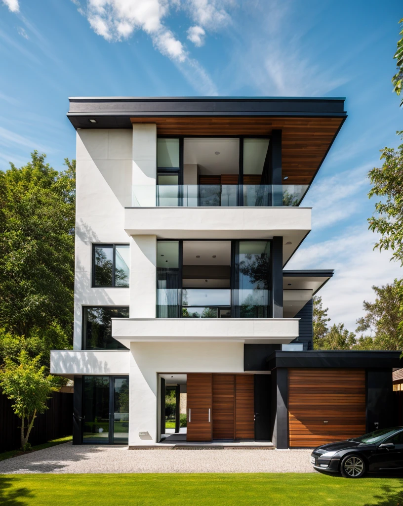 exterior house, contemporary style, white wall, wood wall, wood door, glass window, (realistic:1.2), Masterpiece, high quality, best quality, authentic, super detail, outdoors,road,pavement, grass, trees, sky, cloud, (daylight:1.1)
