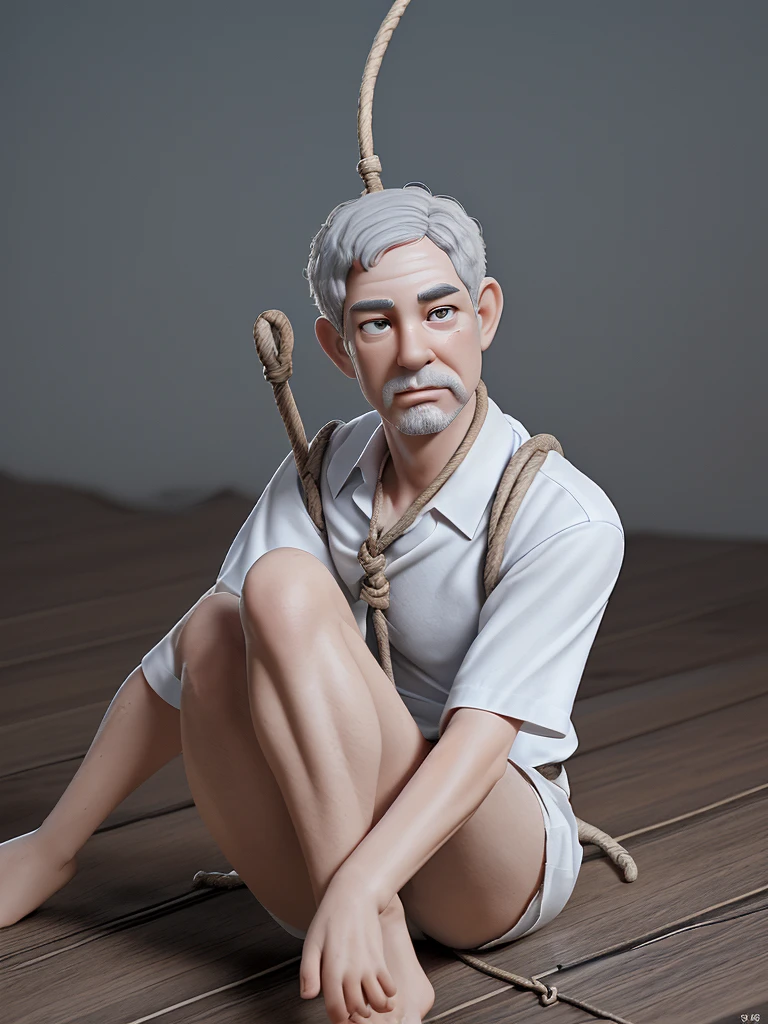Create a 3D animation of a caricature with a big head. A man named "Benjamin Netanyahu" aged 60. Full body view, His hair is very thin, gray, and his legs are straight while sitting on a wooden floor. The position of the body and legs is tied, Rope wrapped around the neck and tied to a long pole, both hands are also tied, under the feet there is a large hole like a crater with a burning fire. His face is oval with fine facial wrinkles, thick and neat gray eyebrows, normal eyes, straight aquiline nose, and wide open lips. The facial expression is sad and scared, around the location are only sharp rocks. He is wearing a dull white torn shirt and white shorts. with hot and scorching sunlight. Masterpiece, best quality, very detailed skin and face, very realistic, high definition, studio lighting, sharp focus, 2/3 body angle, Face facing straight ahead. Concept Art, 3D rendering.