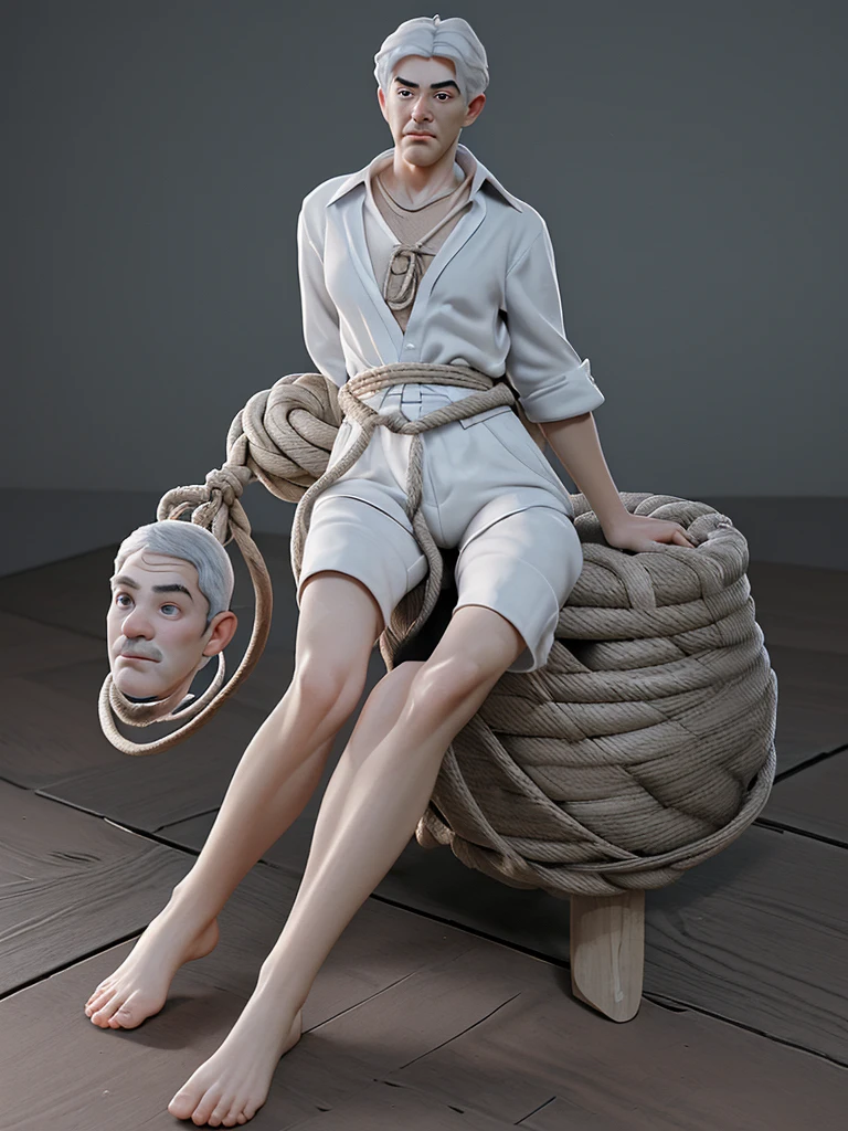 Create a 3D animation of a caricature with a big head. A man named "Benjamin Netanyahu" aged 60. Full body view, His hair is very thin, gray, and his legs are straight while sitting on a wooden floor. The position of the body and legs is tied, Rope wrapped around the neck and tied to a long pole, both hands are also tied, under the feet there is a large hole like a crater with a burning fire. His face is oval with fine facial wrinkles, thick and neat gray eyebrows, normal eyes, straight aquiline nose, and wide open lips. The facial expression is sad and scared, around the location are only sharp rocks. He is wearing a dull white torn shirt and white shorts. with hot and scorching sunlight. Masterpiece, best quality, very detailed skin and face, very realistic, high definition, studio lighting, sharp focus, 2/3 body angle, Face facing straight ahead. Concept Art, 3D rendering.