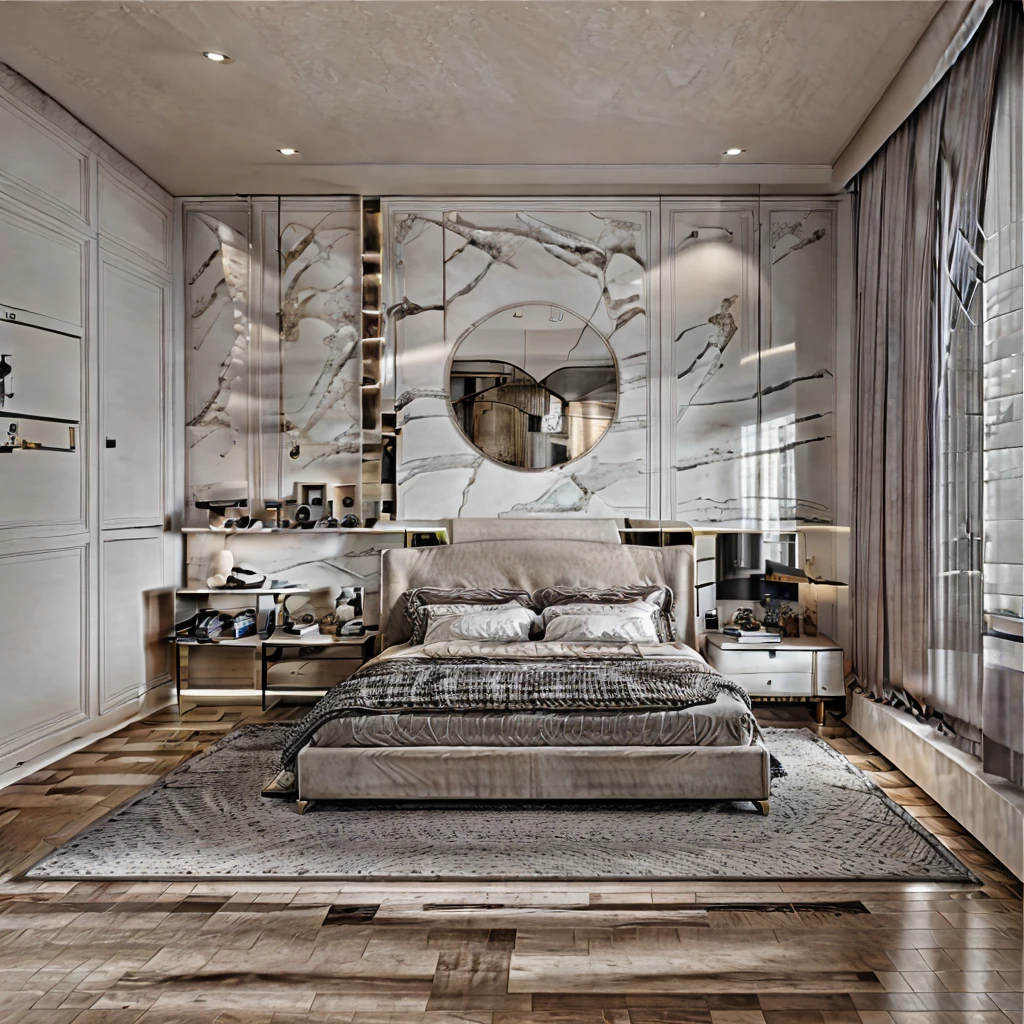 The bedroom has 1 modern bed, gray painted walls, 1 window curtain, circular bedside decorative painting, 1 plush carpet, 1 dressing table, luxurious colors, tiled floor