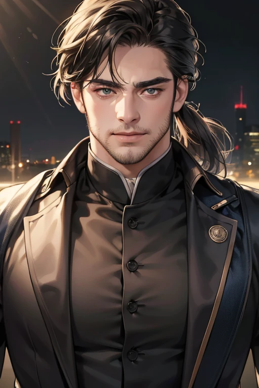(best quality,4k,8k,highres,masterpiece:1.2),ultra-detailed,(realistic,photorealistic,photo-realistic:1.37),30 year old man,3 day beard,handsome anime,portraits,strong,masculine,dark hair,sharp jawline,mesmerizing eyes,perfectly styled hair,cool anime outfit,confident expression,vibrant colors,dynamic lighting, CEO and expression smile in love.