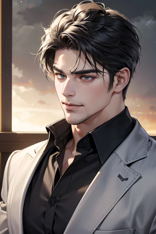 (best quality,4k,8k,highres,masterpiece:1.2),ultra-detailed,(realistic,photorealistic,photo-realistic:1.37),30 year old man,3 day beard,handsome anime,portraits,strong,masculine,dark hair,sharp jawline,mesmerizing eyes,perfectly styled hair,cool anime outfit,confident expression,vibrant colors,dynamic lighting, CEO and expression smile in love.