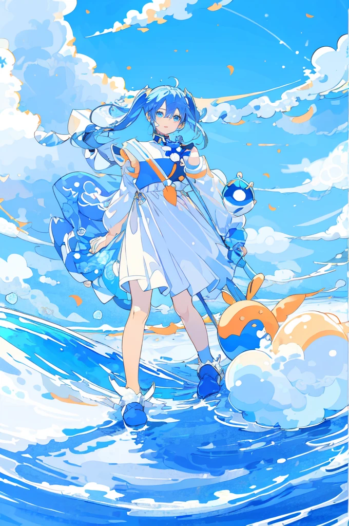 whole body、1 girl、solo、blue eyes、Cyan background、Simple Background、bright、blue sky、cloud、sunny、youth、Blue and white main color、Orange sub-color、ink、hair ornaments、soloフォーカス、Tsundere、Slanted Eyes、cool、Random personality、Random hairstyle、Shiny、