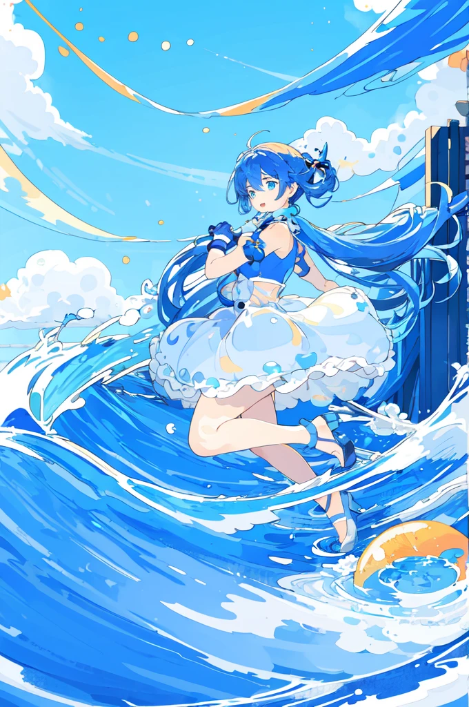 whole body、1 girl、solo、blue eyes、Cyan background、Simple Background、bright、blue sky、cloud、sunny、youth、Blue and white main color、Orange sub-color、ink、hair ornaments、soloフォーカス、Tsundere、Slanted Eyes、cool、Random personality、Random hairstyle、Shiny、