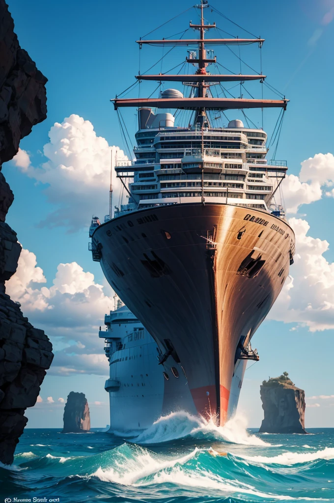 create an image of a ship heading towards the rocks around it
