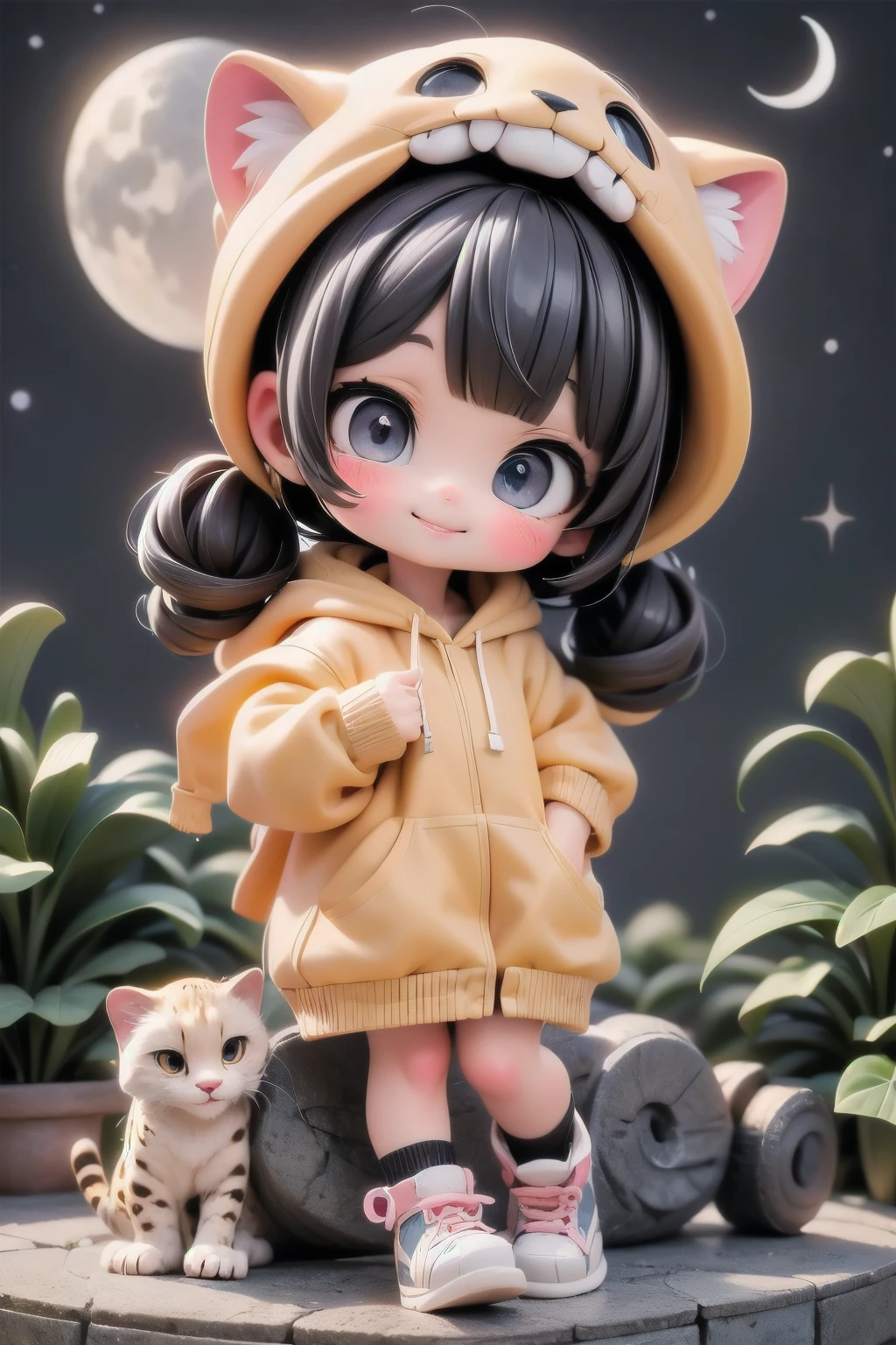 cute chibi girl smiling wearing a (cheetah kigurumi), leaping, dynamic angle, location garden at night, garden outdoors, starry sky, moon