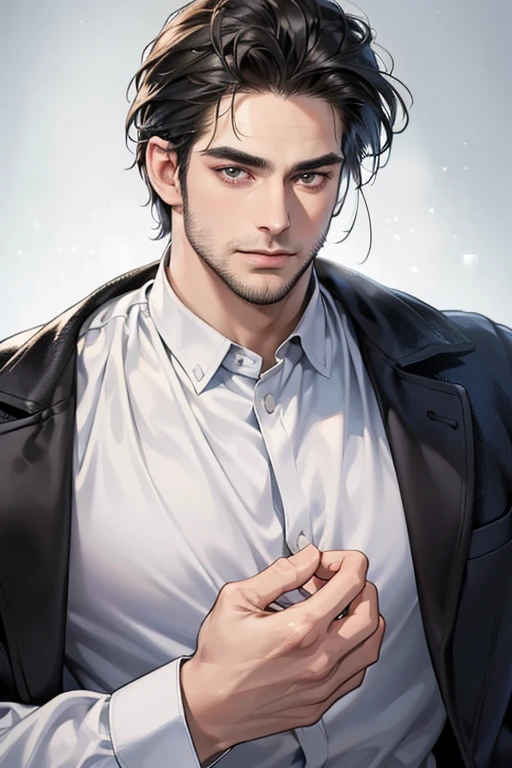 (best quality,4k,8k,highres,masterpiece:1.2),ultra-detailed,(realistic,photorealistic,photo-realistic:1.37),30 year old man,3 day beard,handsome anime,portraits,strong,masculine,dark hair,sharp jawline,mesmerizing eyes,perfectly styled hair,cool anime outfit,confident expression,vibrant colors,dynamic lighting, CEO and expression smile in love.