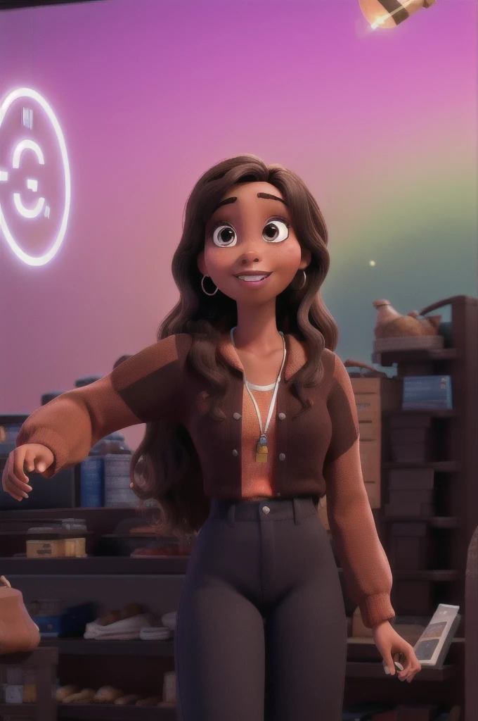 A brunette woman with brown skin, disney pixar style, high qualiy, best qualityer
