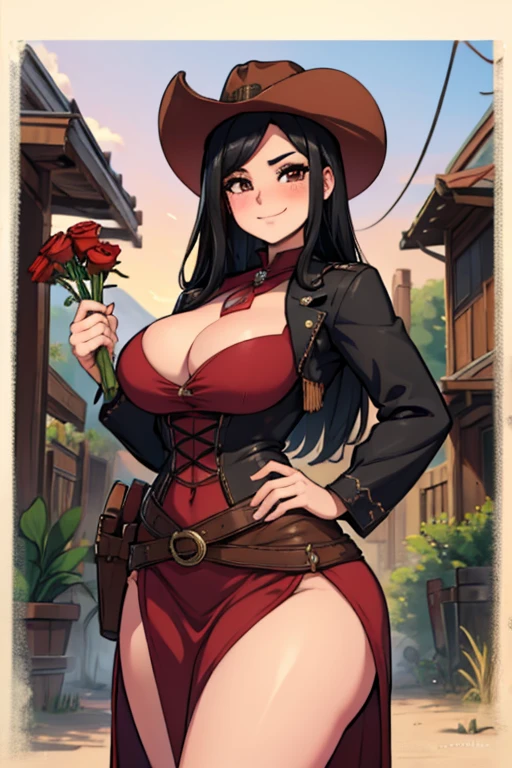 Perfect face, Perfect hands. A black haired female cowgirl with brown eyes and an hourglass figure in a conservative cowgirl's outfit is holding a bouquet of red roses in the wild west with a blush and a smile