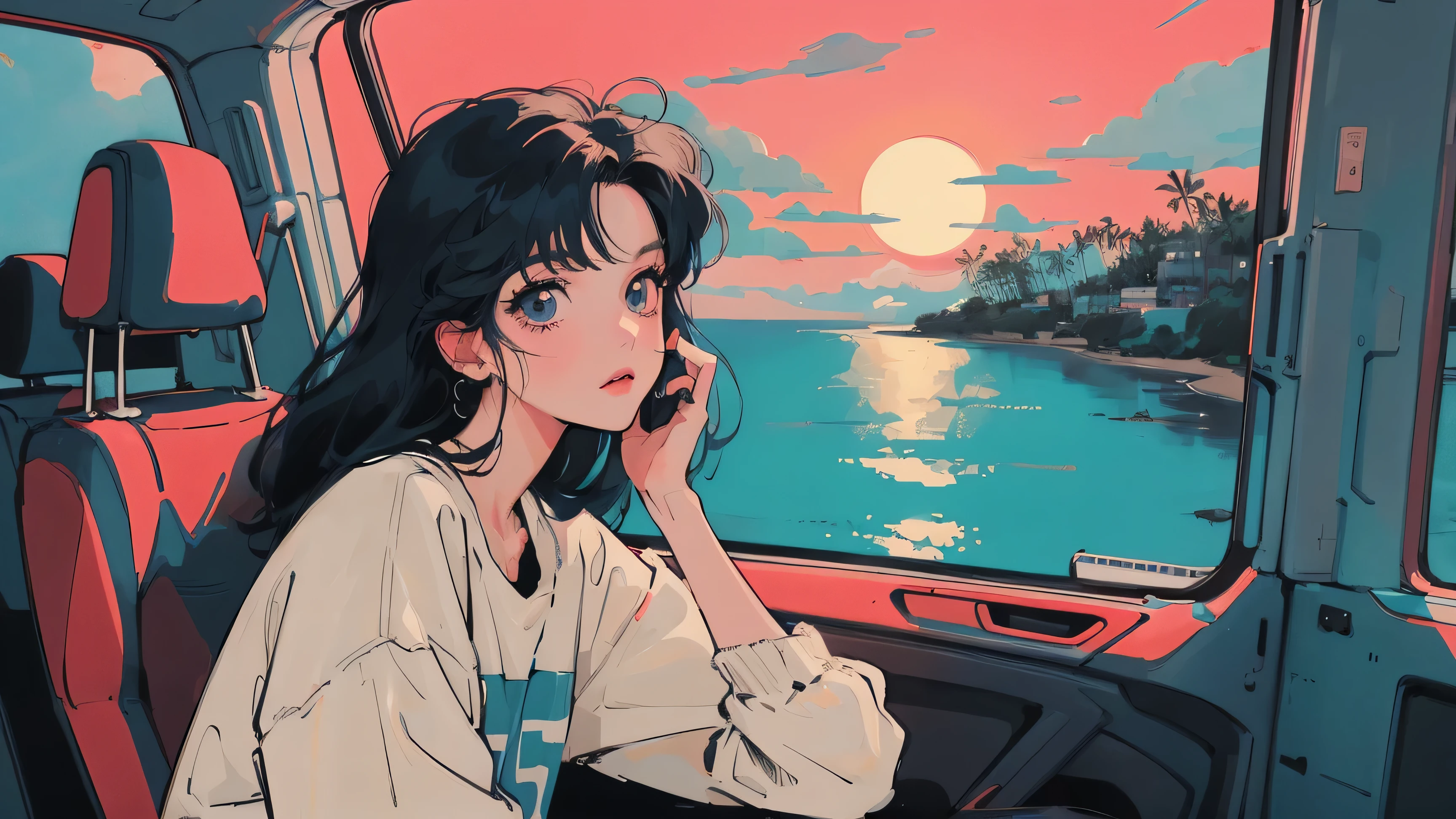 anime girl sitting on floor looking out window at city, anime aesthetic, anime vibes, Lofi Artstyle, Lo-fi portrait by the window, Sunsetを眺める. anime, Lofty Girl, anime art wallpaper 4 k, anime art wallpaper 4k, anime art wallpaper 8 k, anime background art, Lofi Color, Lofi Art, anime asthetic,masterpiece, Highest quality, Rainbow Style, anime, Beautiful Asian Girl, Sitting in a car, Along the Hawaiian Coast, Cute and dreamy,anime,Illustrator,LOFI Girl, Blues,landscape,Sunset